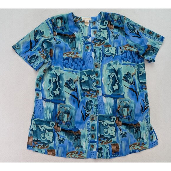 Christie & Jill Women's Top Size 2X Blue Print Short Sleeve Button-up Tunic - Picture 2 of 14